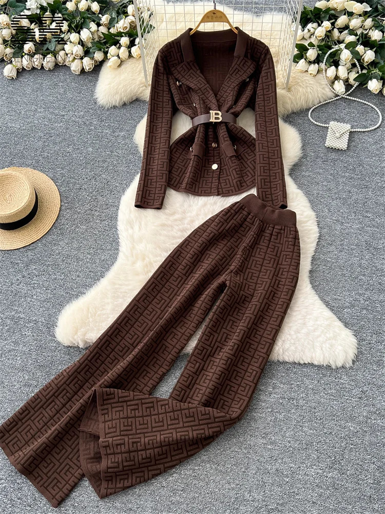 SINGREINY Office Lady Knitted Suits Female Long Sleeve Notched Collar TopsWide Legs Pants Women Winter Fashion Thick 2pcs Set 260916