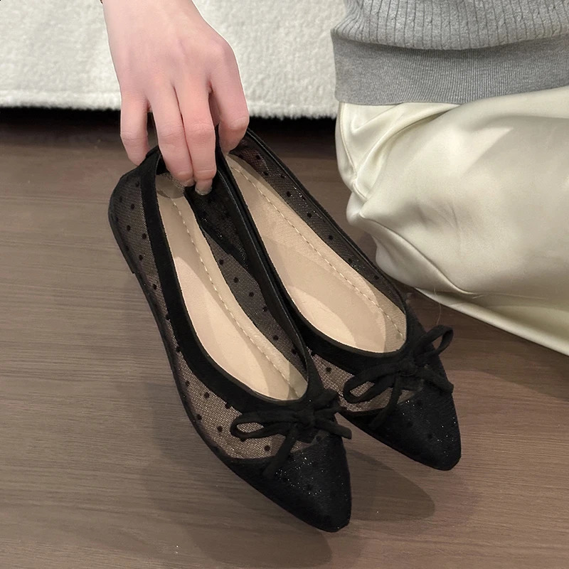Spring Summer Women Bow Decor Black Mesh Polka Dot Ballet Flats Shoes Breathable NonSlip Casual Comfortable Daily 260916