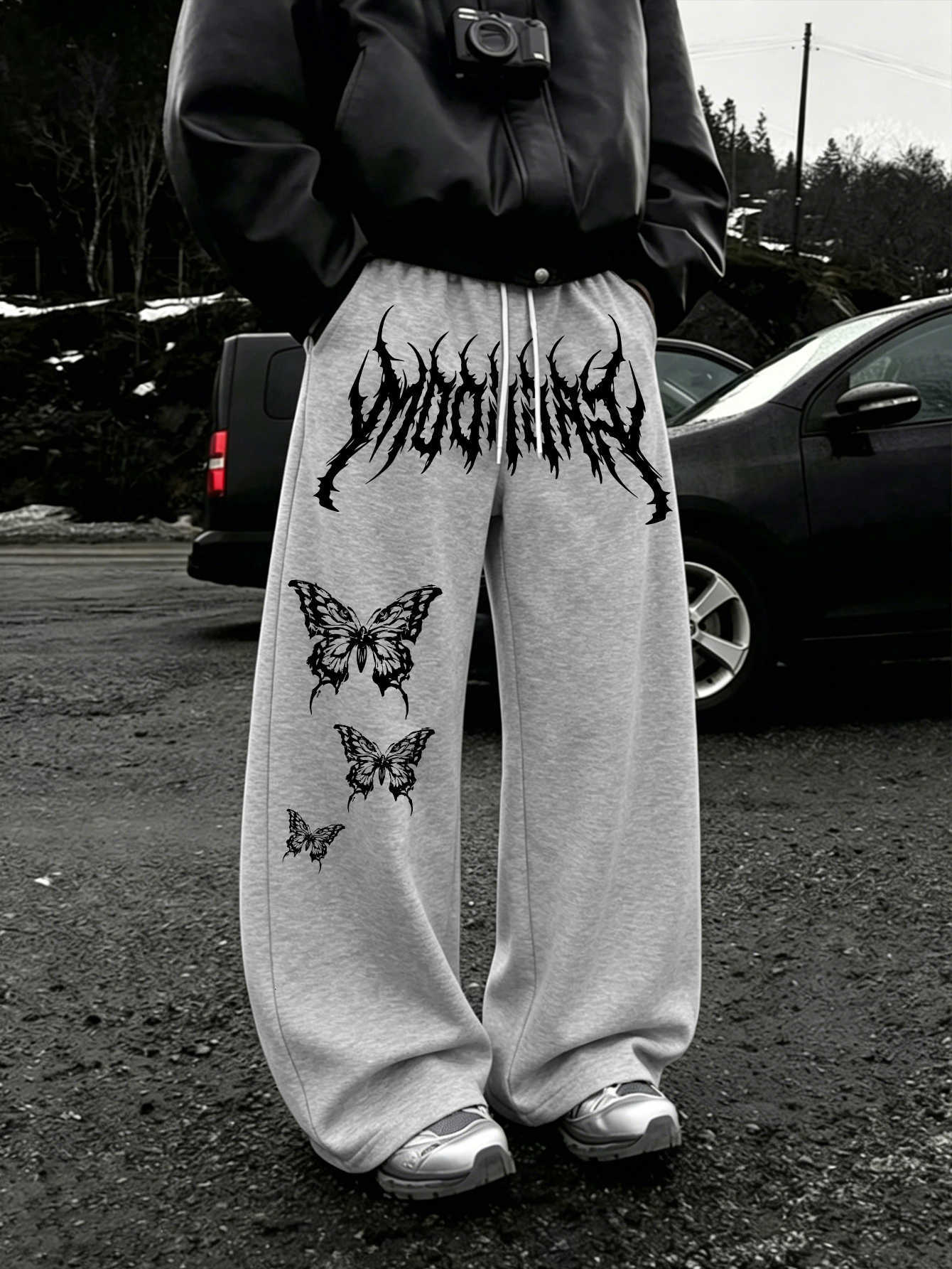 Wide Leg Gothic Butterfly Men Sweatpants 100% Polyester Thorn Font Print Baggy Y2K Drawstring Casual Jogger Pants D260916