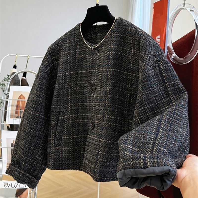 Spring Women's 2026 Autumn Korean Tweed Coat Cropped Petite Thick Warm Elegant Chic Coquette Streetwear Trendy Jacket OuterwearT260916
