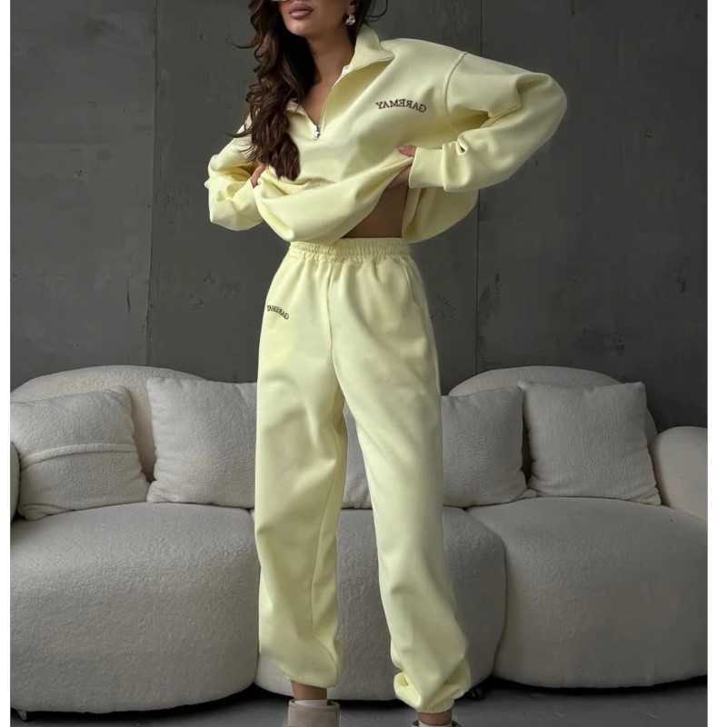 Cotton Women's Half Zipper Pullover Top Trouser Two Piece Set Spring Autumn Women's Fashion Casual Solid Sports Trouser Suits S260916G010
