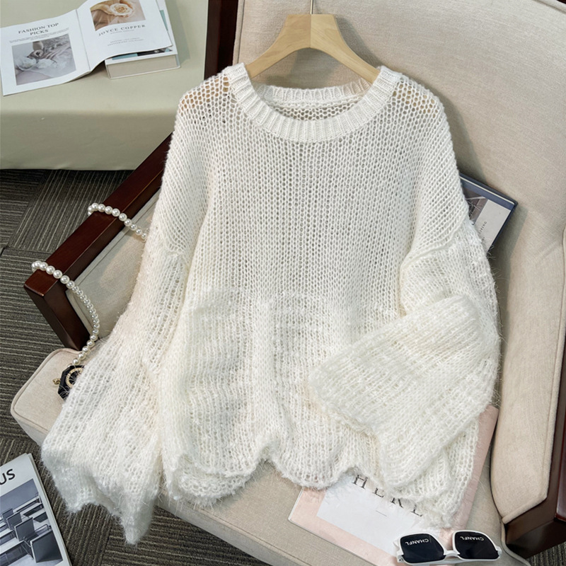 Cross-Border Real-Shot, In-Stock Autumn Collection: New Korean-Style Women's Loose-Fitting, Relaxed-Fit, Solid-Color, Round-Neck Knitted Sweate