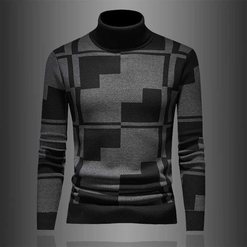 Minglu Turtlenecks Autumn Winter Men's Sweters Luxury Long Sleeve Plaid Jacquard Knitted Thicken Casual Male Sweaters Q260915