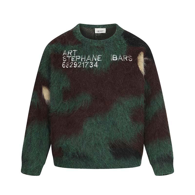 Pull à col rond en Mohair pour hommes, bloc de couleurs, manches longues, ample, décontracté, tricot, vert, automne, hippocampe, col rond, manche