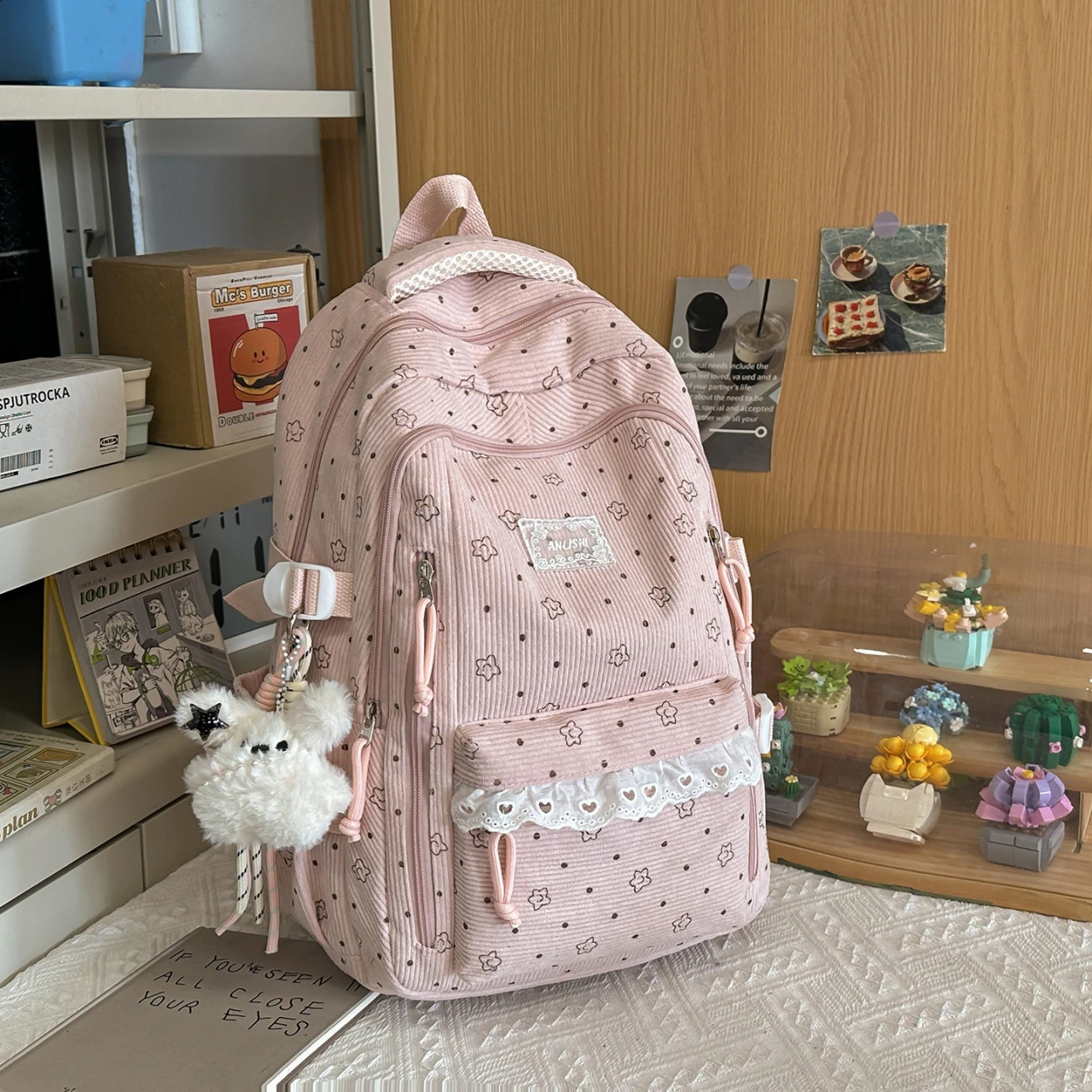Women's Gray Corduroy Backpack Star Pattern Lace Plush Bear Charm Multi Pocket Adjustable Strap Casual Daily School Bag 2026 260916