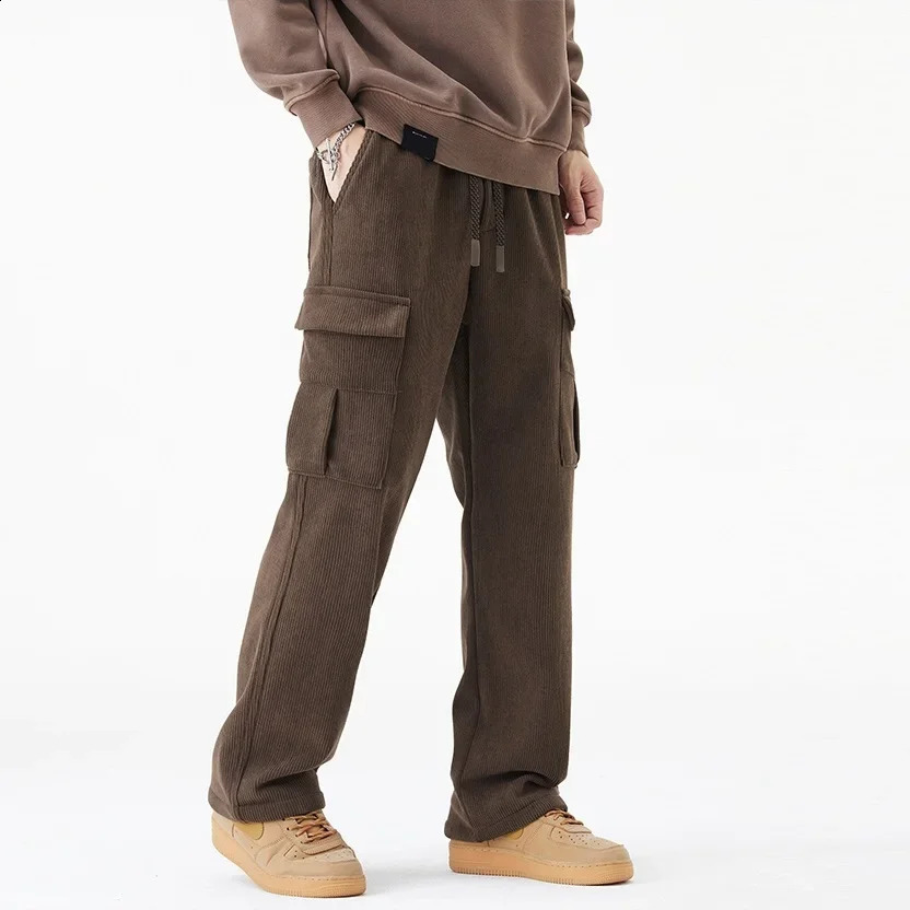 2026 in Winter Corduroy Pants Men Straight Wide Leg Cargo Trouser Male Elastic Waist Loose Fit Thick Brown Warm Fleece Plush 260916