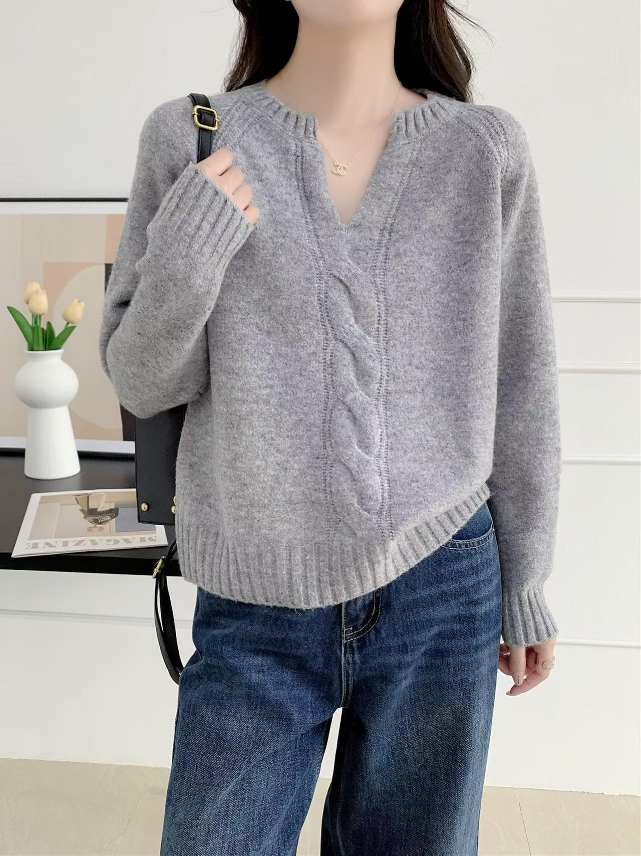 Cross-Border Amazon New Solid-Color Casual Cable-Knit Pullover Sweater, V-Neck, Retro Style, Suitable For Workwear, Women's Sweater Spider Hood