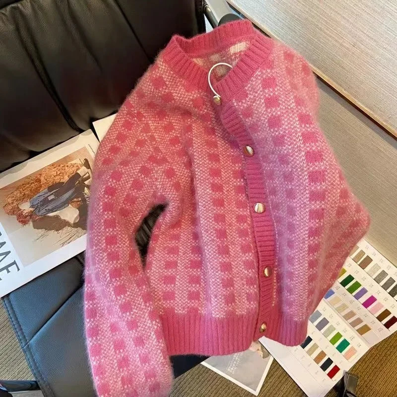 Autumn Spring Sweet Plaid Print Single-breasted Cropped Sweater Korean Slim Long Sleeves Kawaii Pink Sweater Knitted Sweater 260916