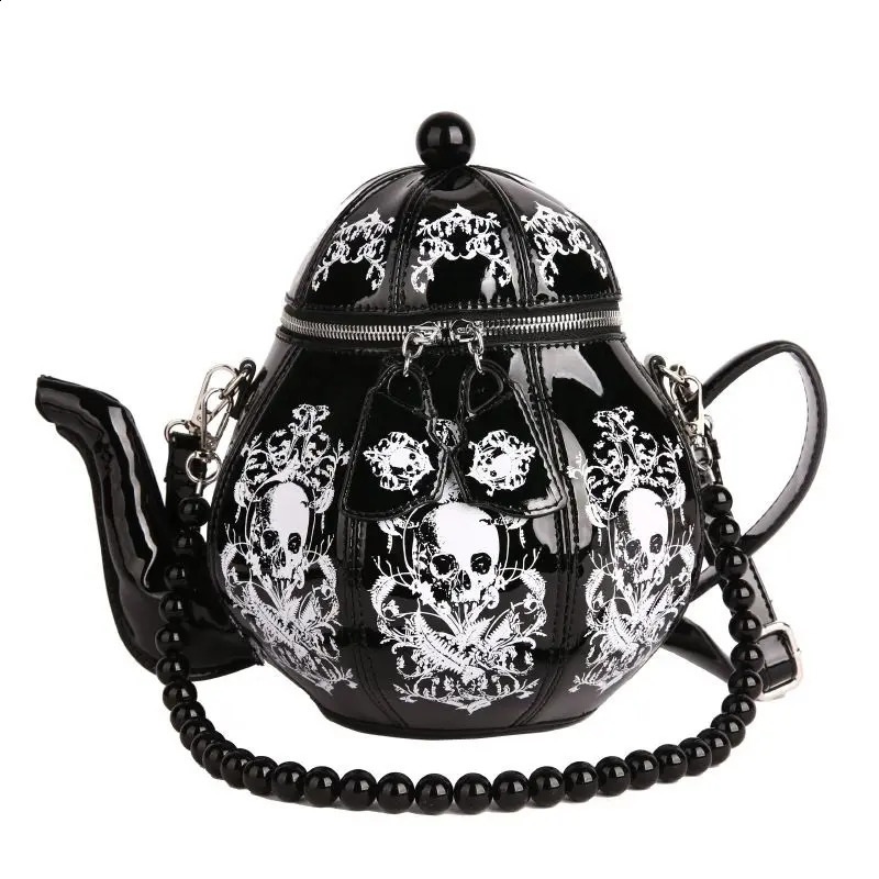 Vintage Gothic Black Skull Teapot Shape Handbag Women Bead Chain Lolita Shoulder Bags Ladies Harajuku Personality Crossbody Bags 260916