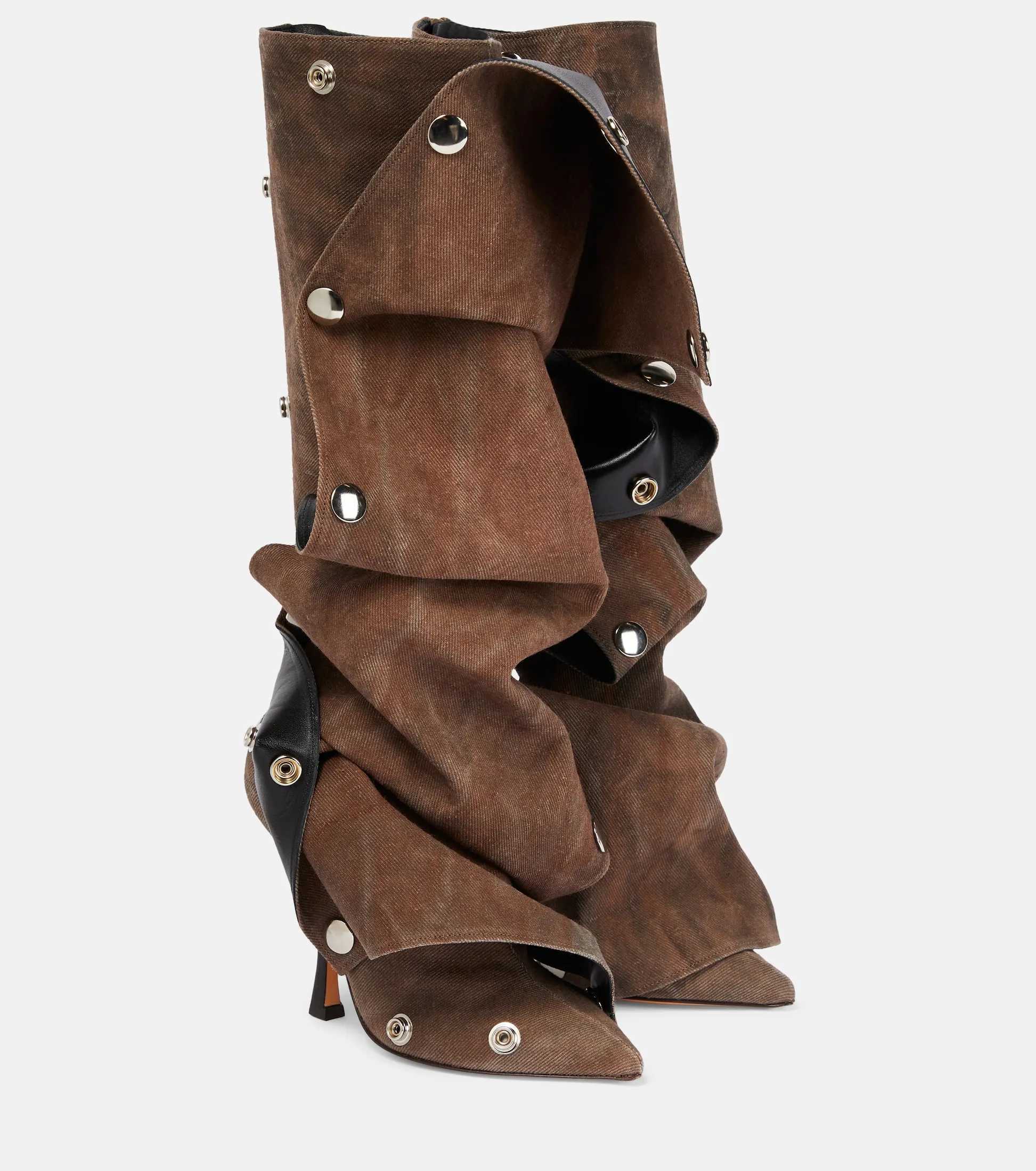 Women's New Pointed Super High Heel Bk Zipper Decal Denim Fabric Personalized Knee Long Boots Q260916