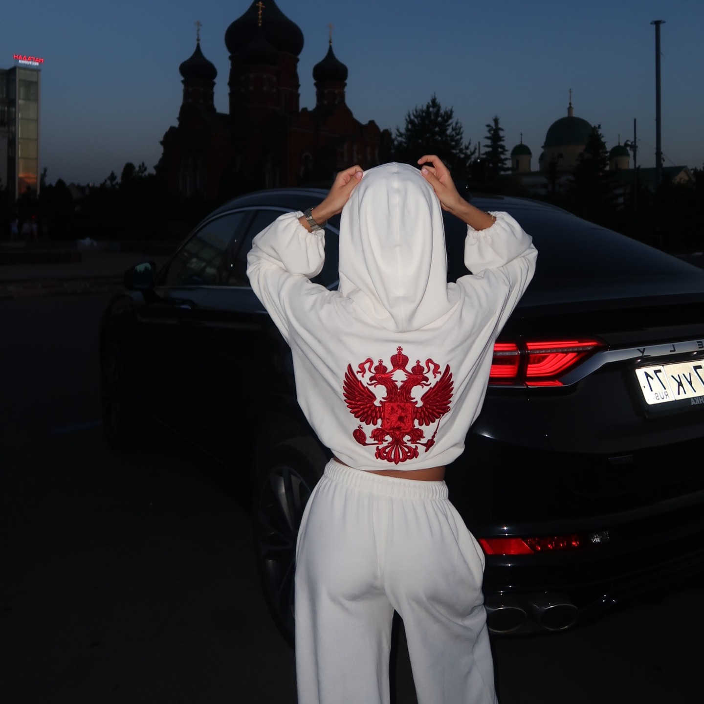 White Women's Embroidered Double Headed Eagle Crop Hoodie and Joggers 2 Piece Set Casual Strtwear Tracksuit S260916H6LG