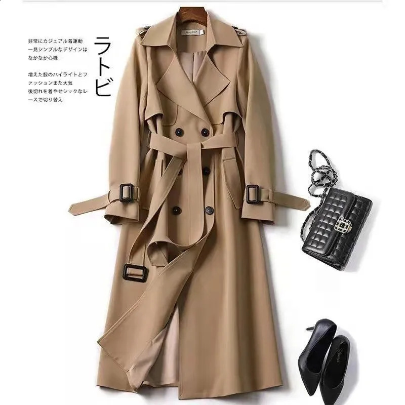 Women's Lapel Belt Double-breasted Long Sleeve Cuff Tightening Trench Coat Autumn Winter Fashion Office Lady Long Outerwears 260916