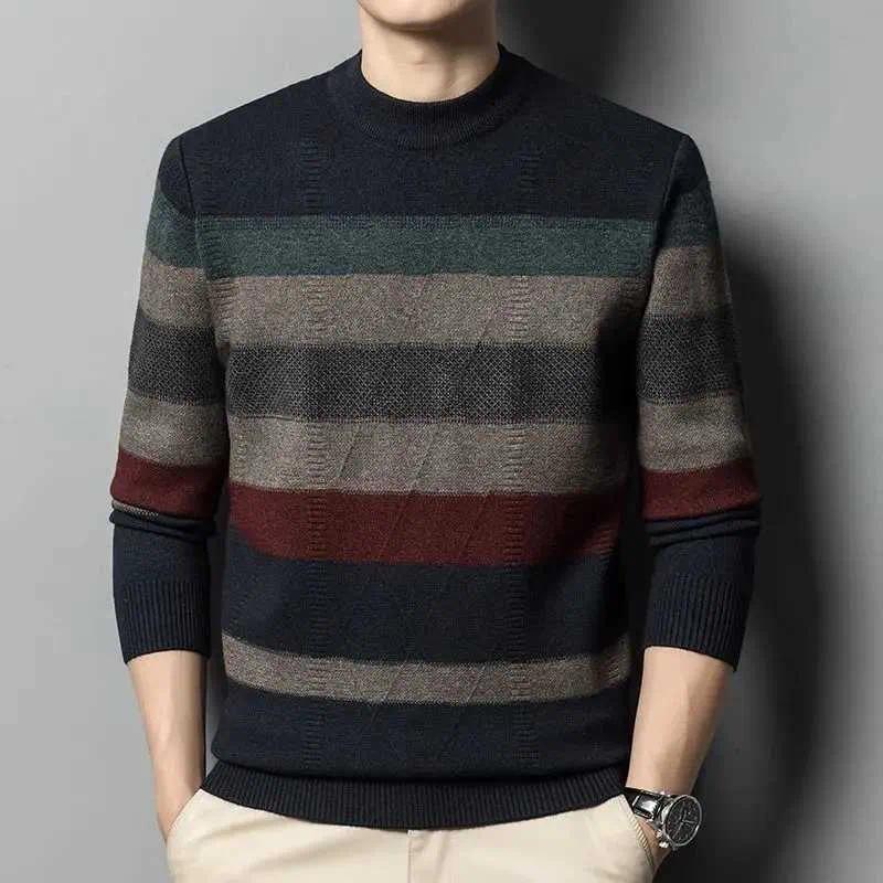 Autumn Winter Fashion High End Thickened Round Neck Sweater Men's Smart Casual Loose Versatile Patchwork Knitted Long Slve Top