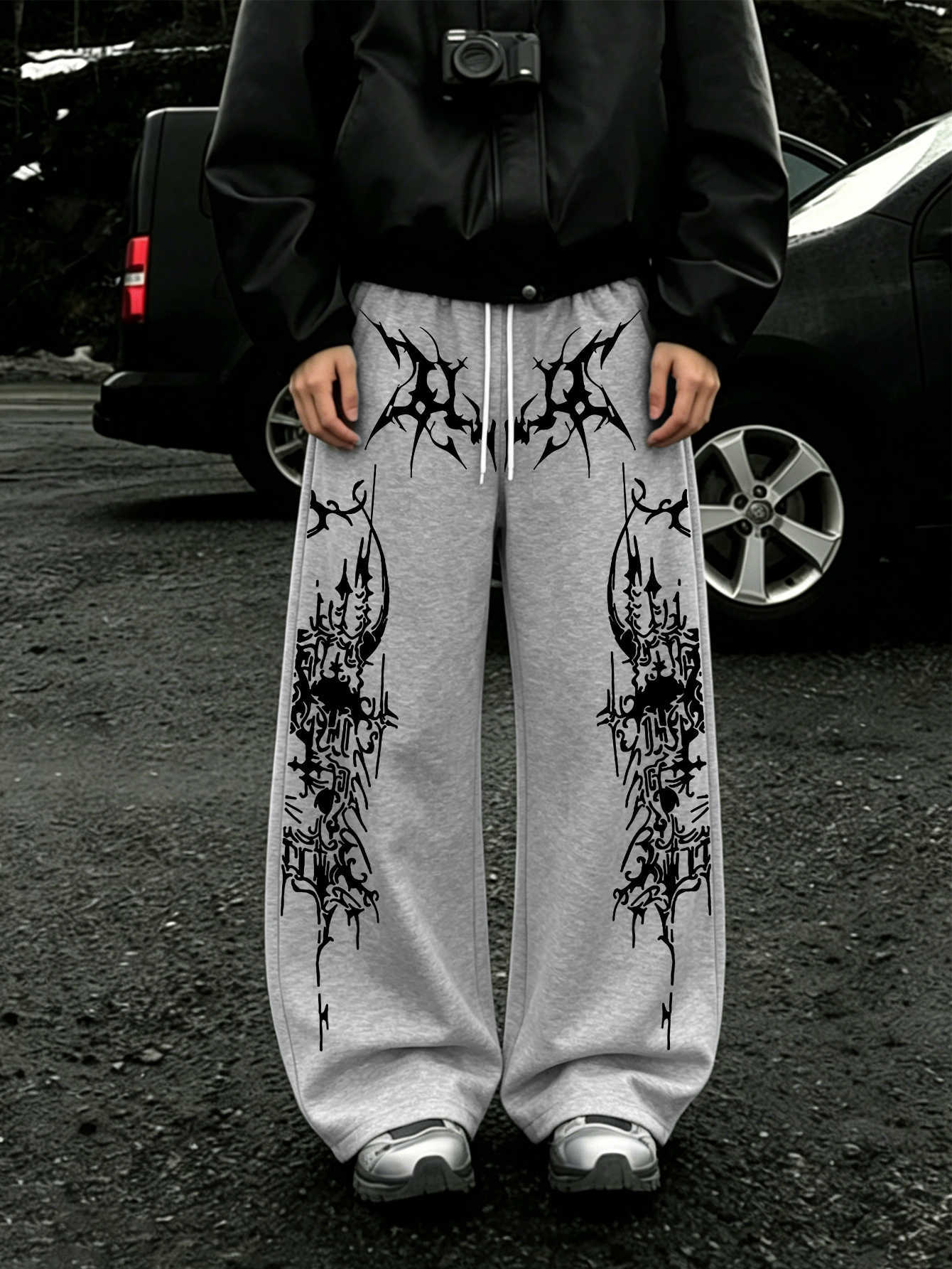 Men Gothic Dark Totem Wide Leg Jogger Pants White Spiky Tribal Dual Side Print Drawstring Loose Y2K Streetwear Sweatpants D260916