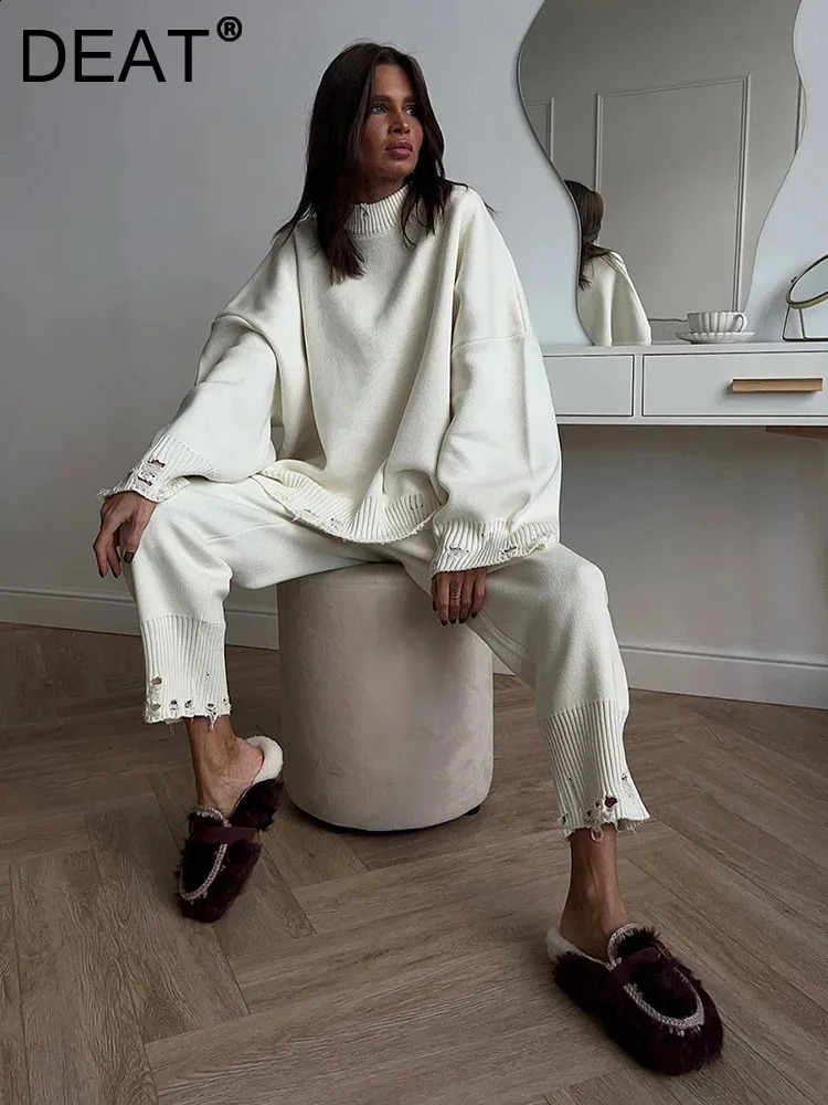 DEAT Fashion Knitted 2 Piece Set Women's Round Neck Loose Ripped Sweater High Waist Loose Pants Suit Autumn 7A1114 260916
