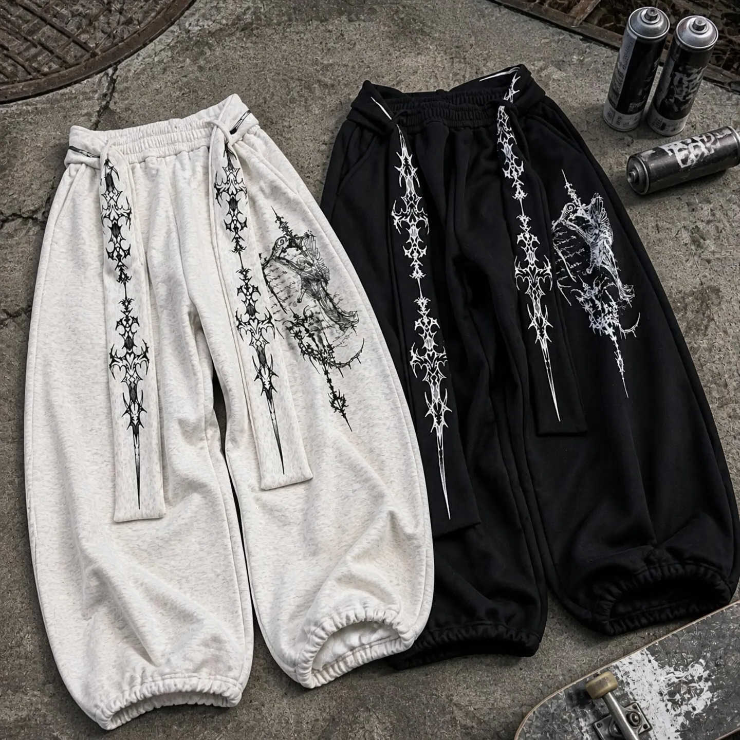 American Black Loose Sweatpants Retro Y2k Men Women Streetwear Dark Gothic Wide Leg Pants Fashion Embroidered Belt Jogging Pants D260916