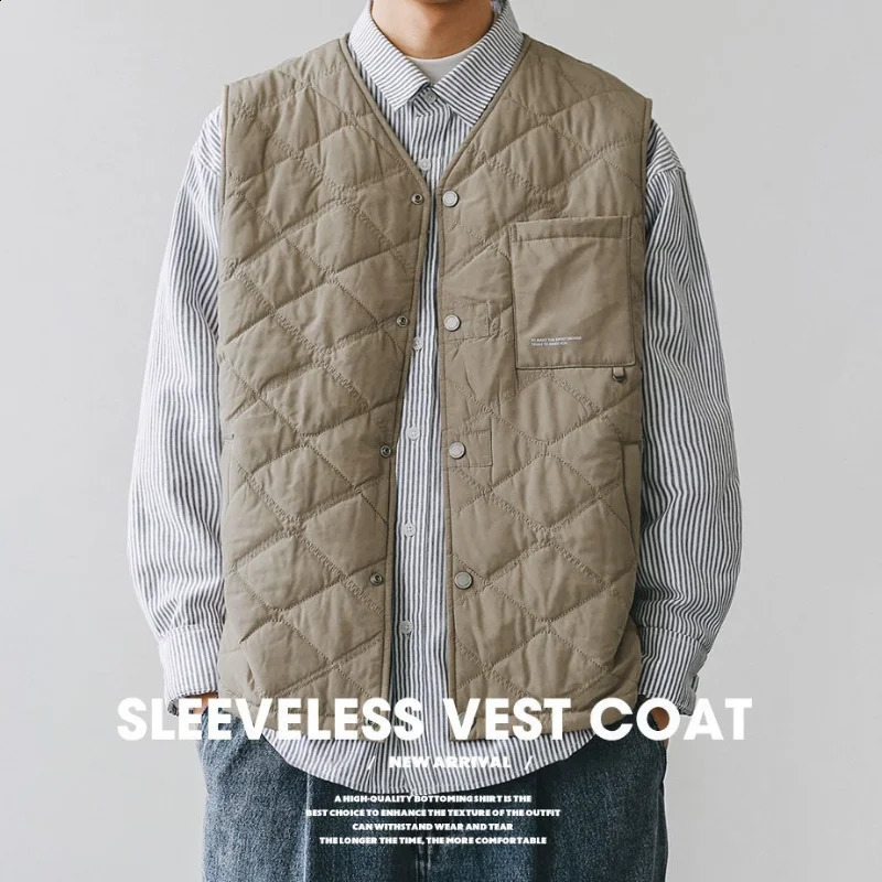 Japanese Autumn Winter Cotton Padded Vest Men Simple Casual Lightweight Warm Inner Tank Vest Workwear Cardigan Sleeveless Coats 260916