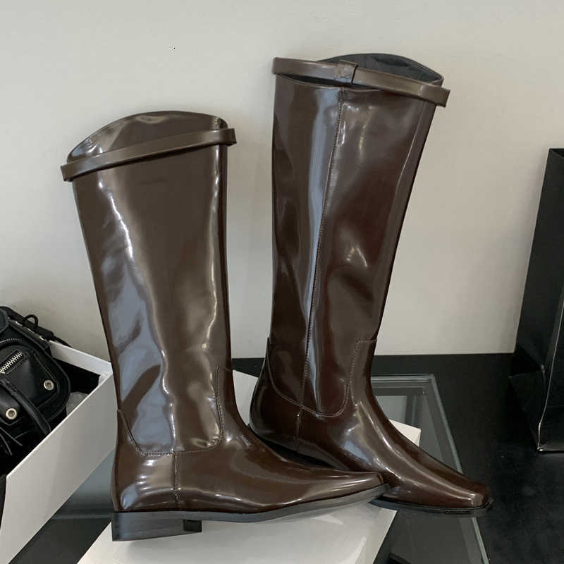 Cosy Winter Brown Aneikeh Autumn PU Leather Fold Over Knee High Boots lady Pointed Toe Low Block Heel Shiny Leather Long Booties D260916