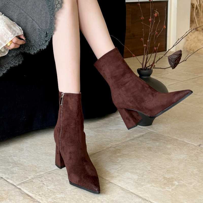 Faux Suede Pointed Toe Women Ankle Boots Block Chunky High Heel Side Zipper Burgundy Coffee Autumn Winter Dress Short Booties D260916