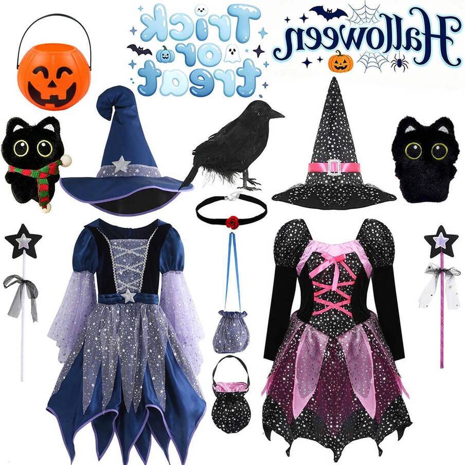 2026 New Halloween Girl Cosplay Witch perfume Fairy With Hat Wand Birthday cologne Carnival Party Fancy Pink And Blue Dress Up Outfit Suit Designer