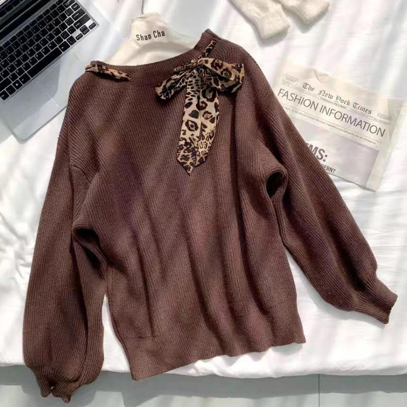 Zjaiss Long Sleeved Sweater 2026 French Style Slanted Collar Leopard Print Lace Up Pullover Autumn Winter Loose Knit Warm Tops 260916