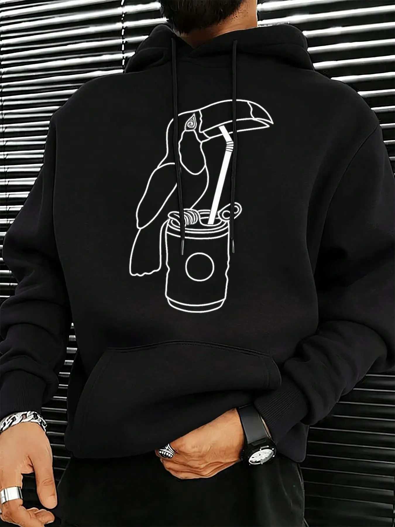 Minimalist Mens Hoodie Casual Pullover Line Art Funny Toucan Bird Soda Can Graphic Print Hooded Sweatshirt Loose Fit Long sleeve Hoody With Pocket F