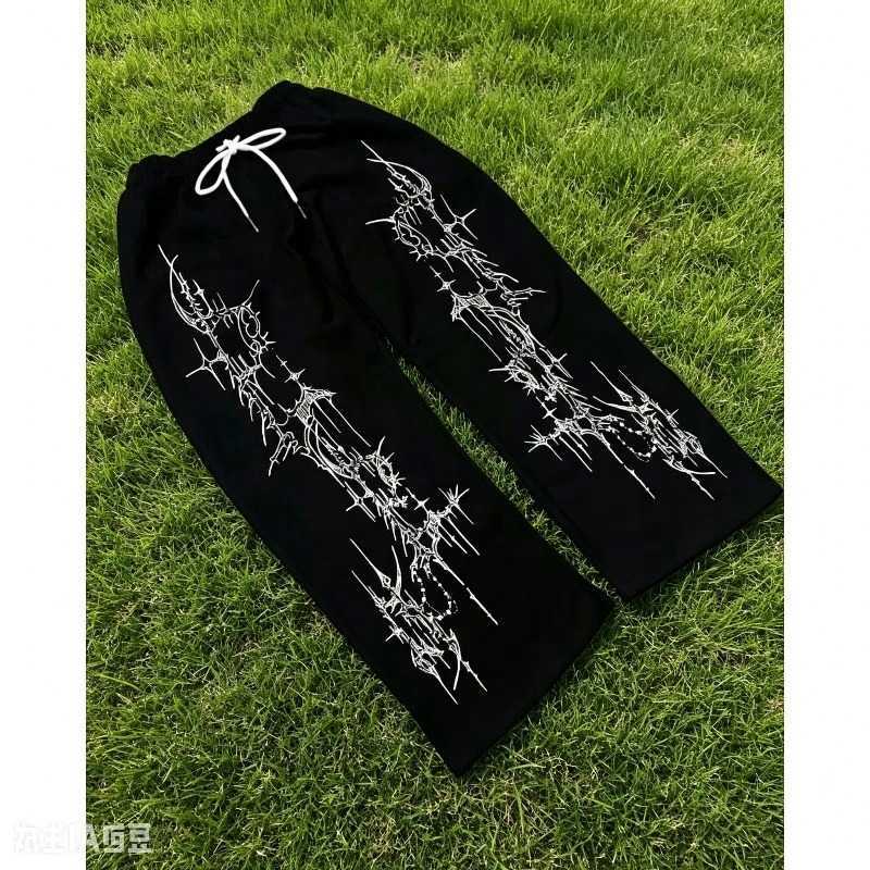 Summer New Dark Gothic 2026 Style Black Loose White Thorn Flame Printed Casual Versatile Men's and Women's American Large Pants D260916