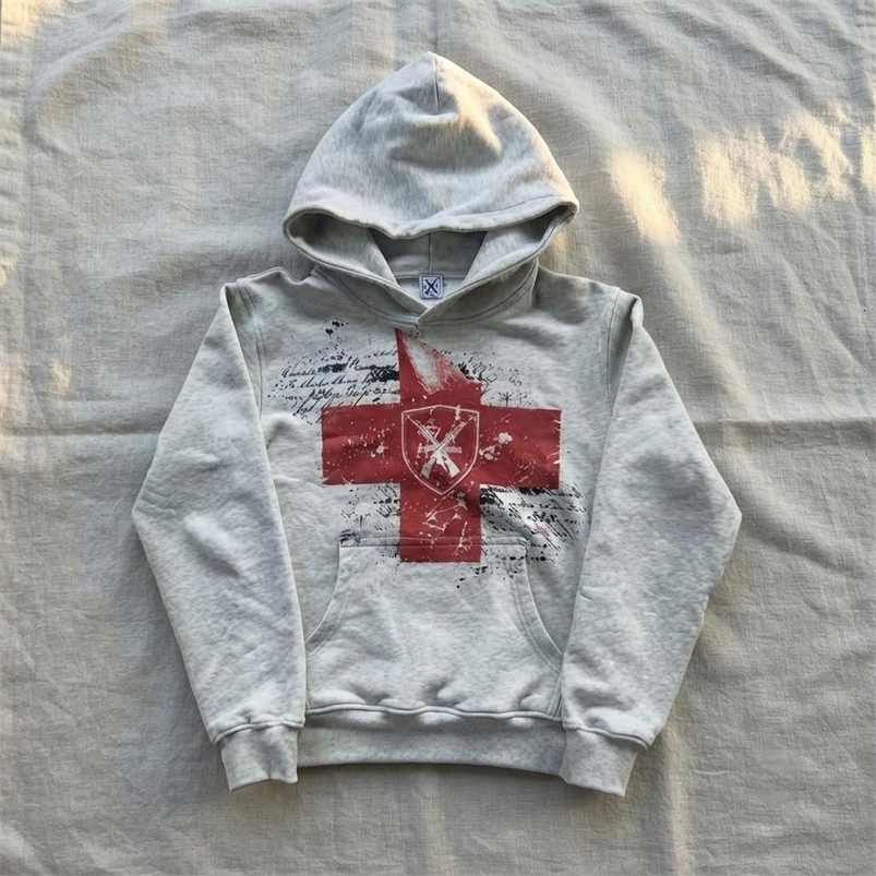 Hip Hop Safety Cross Print Hoodies Streetwear Sweatshirt Light Grey Pullover Harajuku Y2k Casual Hoodie Tracksuit Men Clothing 260915