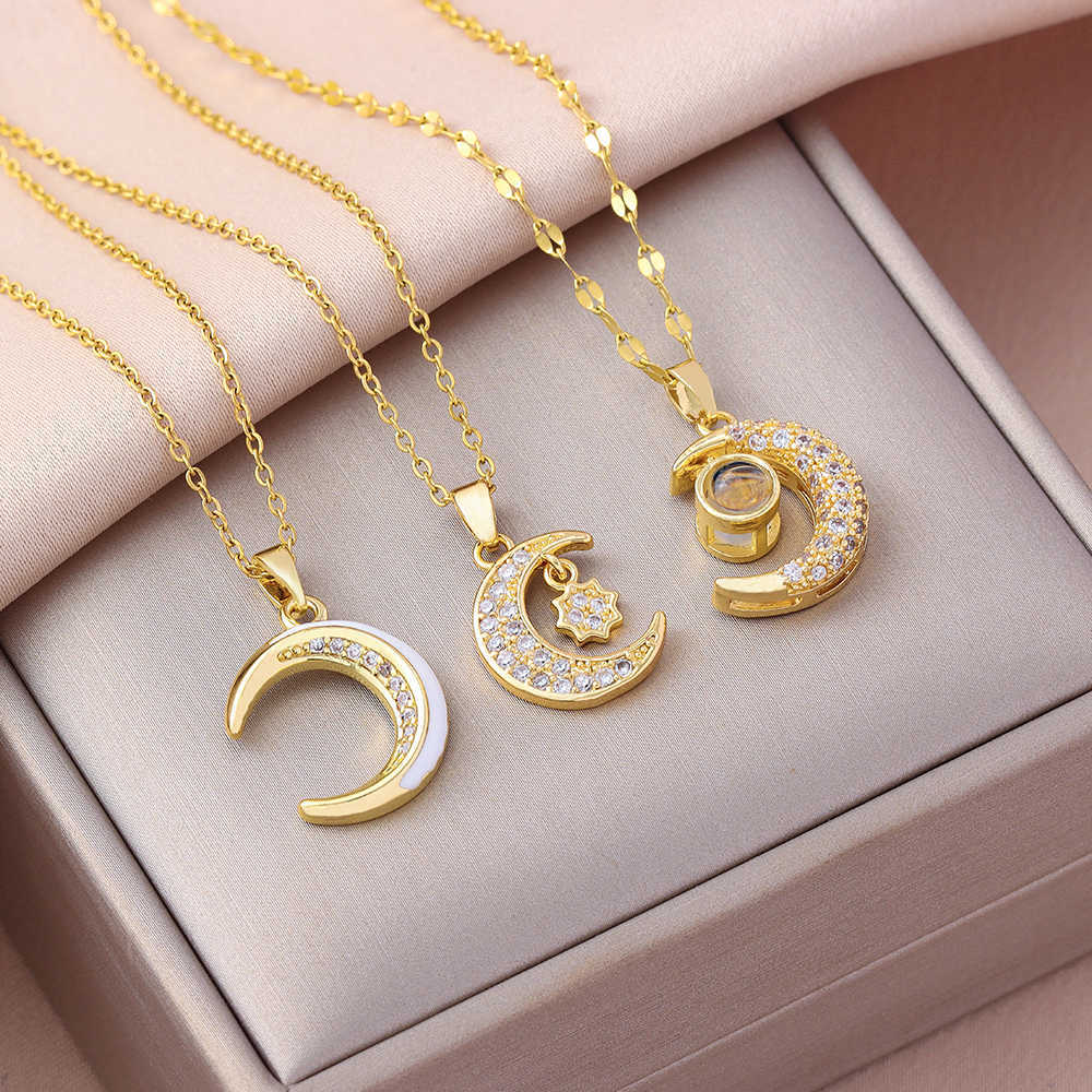 Fashion New In Cute Zircon Crystal Moon Pendant Necklace For Women Romantic Sweet Female Stainless Steel Clavicle Chain JewelryT260916