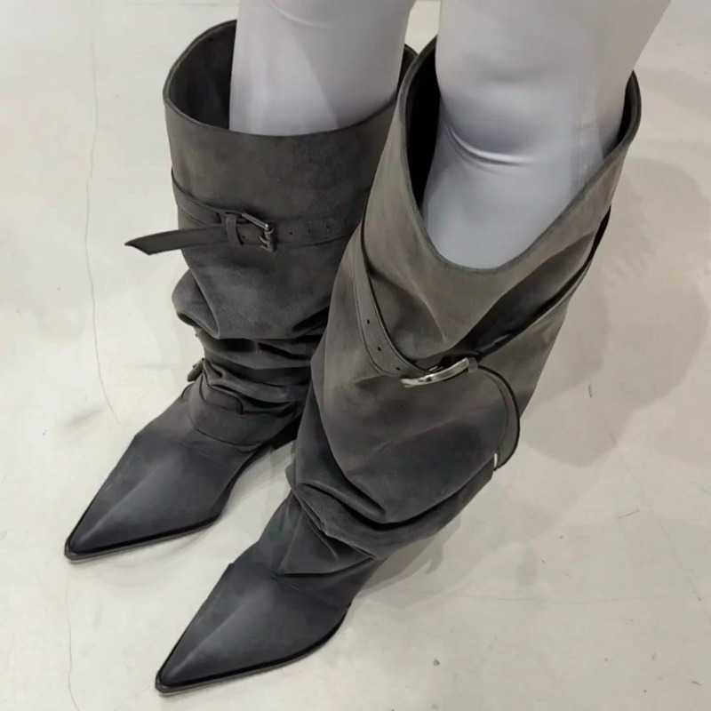 2026 Coarse-cuffed Pile New Boots Style Pleated Mid-calf Boots for Women D260916