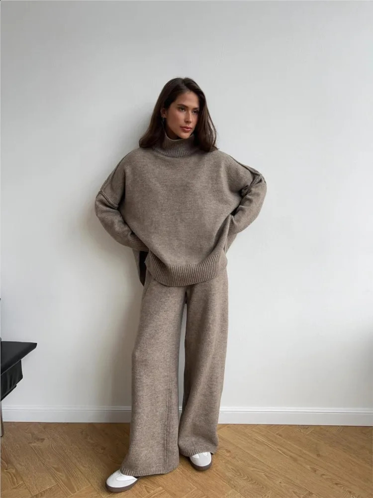High-neck Slit Top Wool Sweater Set Loose Casual Knitted Trousers Two-piece Set Trousers Fashion Trendy Solid Color Commuting 260916