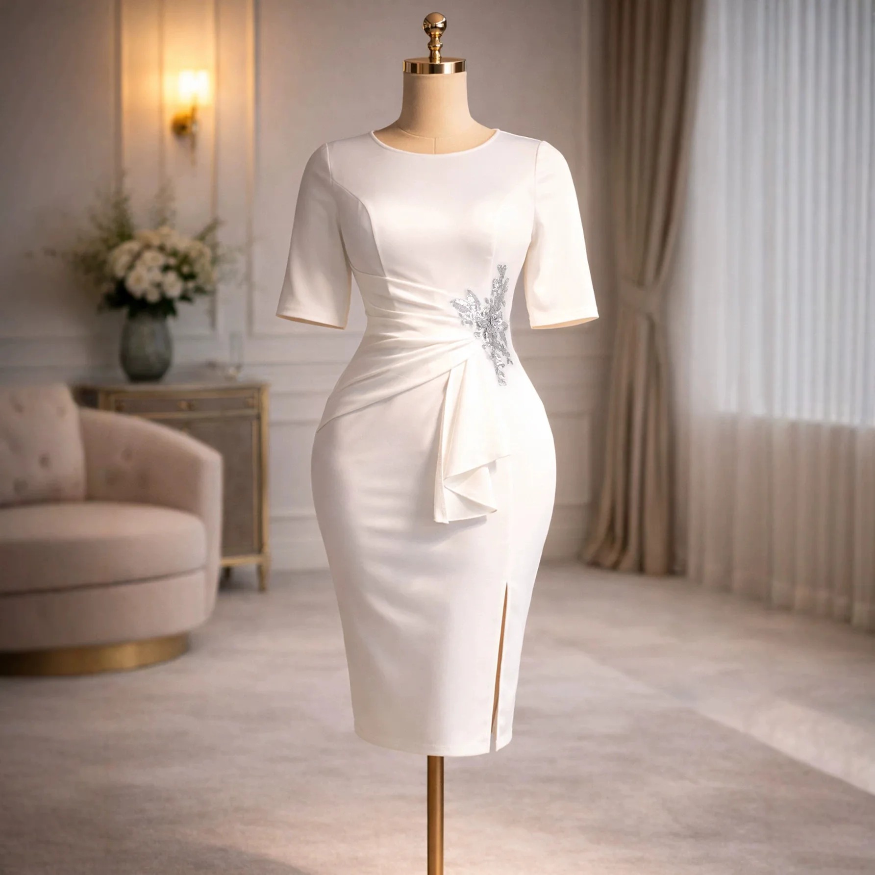 White Dresses for Women Summer Half Sleeve O-neck White Polyester Party Evening Midi Bodycon Dresses