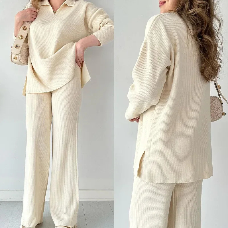 Two Piece Pant Sets Women Knit Sweater V Neck Full Sleeve Splice Loose Fit Trousers Matching Sets Thick Pants Casual Office Lady 260916