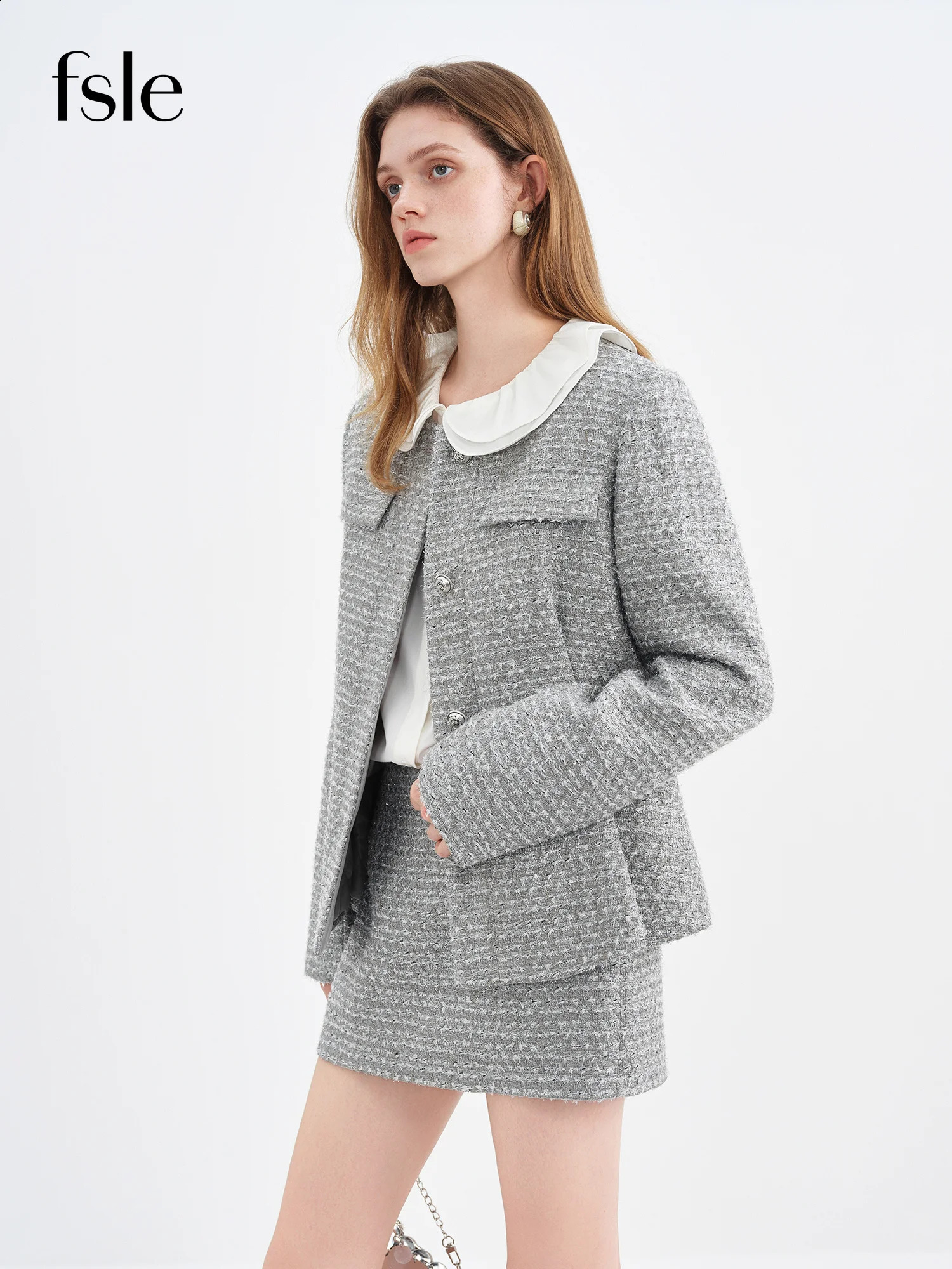 FSLE Women's Tweed Wool Blend Suit 2025 Winter Slim Fit Cocktail Party Outfit Mini Skirts Sets Starry Gray Elegant 260916