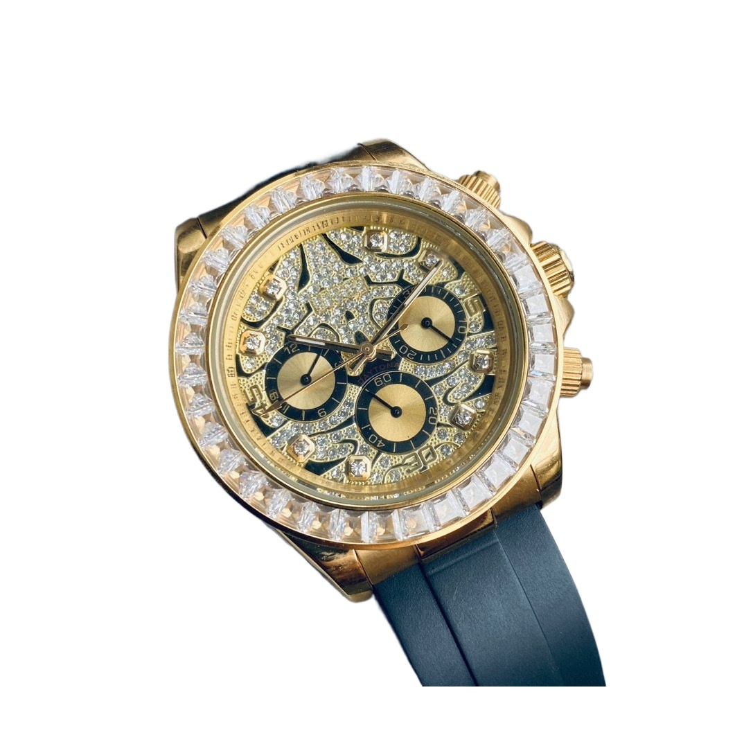 Men Automatic Watch Iced Out Baguette Diamond Bezel Leopard Full Diamond Dial Black Rubber Strap Luxury Hip Hop Sports Wristwatch