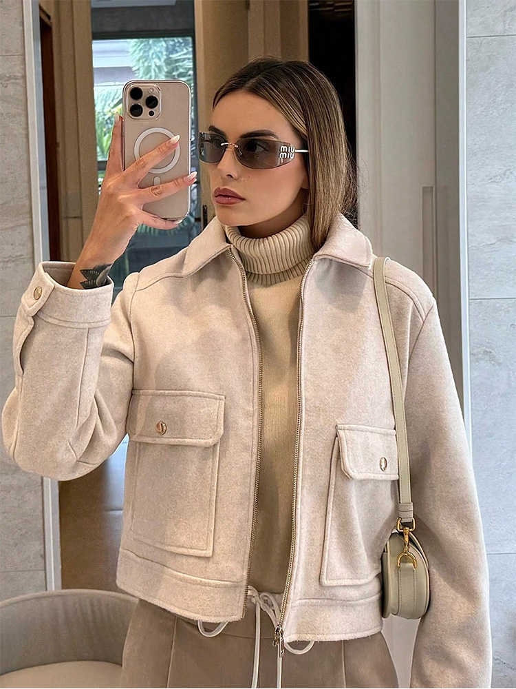 Zipper SLTNX Women's Jacket Coat New Winter Long Sleeve Pocket Outerwear Coat Short Street Elegant Women's JacketT260916