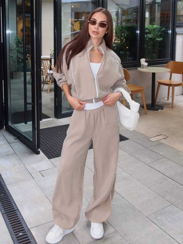 White Lady Contrast Piping Zip Up Stand Collar Track Jackets Loose Long Slve Casual Sport Set 2026 Autumn Fashion Strt Wear S260916RX3F