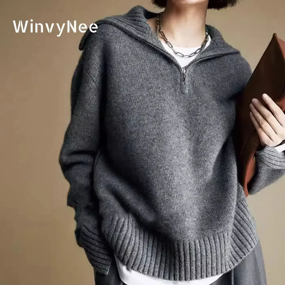 WinvyNee Women's Clothing 100% Wool Gray Sweater Half Zip Collar Loose Casual Pullovers Outerwears Plus Size Winter A1283001 260916