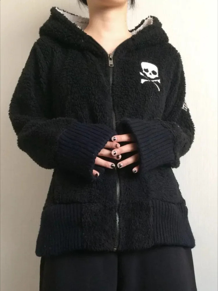 Y2k Lamb Wool Jackets Women Gothic Hoodies Cross Skull Grunge Zipper Sweatshirts Vintage Casual Hooded Coats Harajuku Streetwear 260916