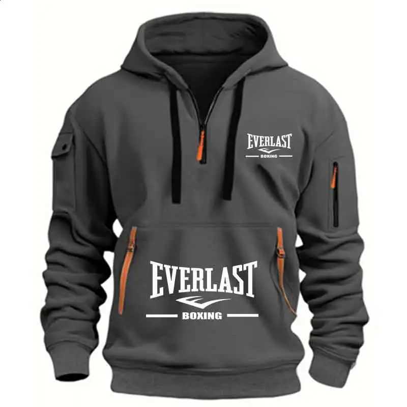 Multi-pocket Men's Fashion Casual Hoodie Sports Long-sleeve Sweatshirt Up Down Print Warm Half Zip Hooded Fitness Pullover Good D2609151