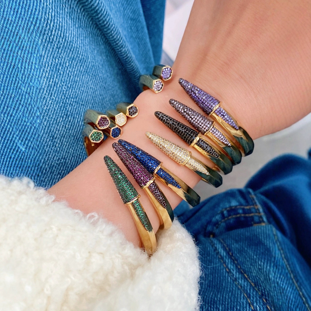 Luxurious Designer Cross-border European And American Style Tapered Rhinestone-set Open Bracelet And Ring Colorful Rhinestone Jewelry With Adjustabl