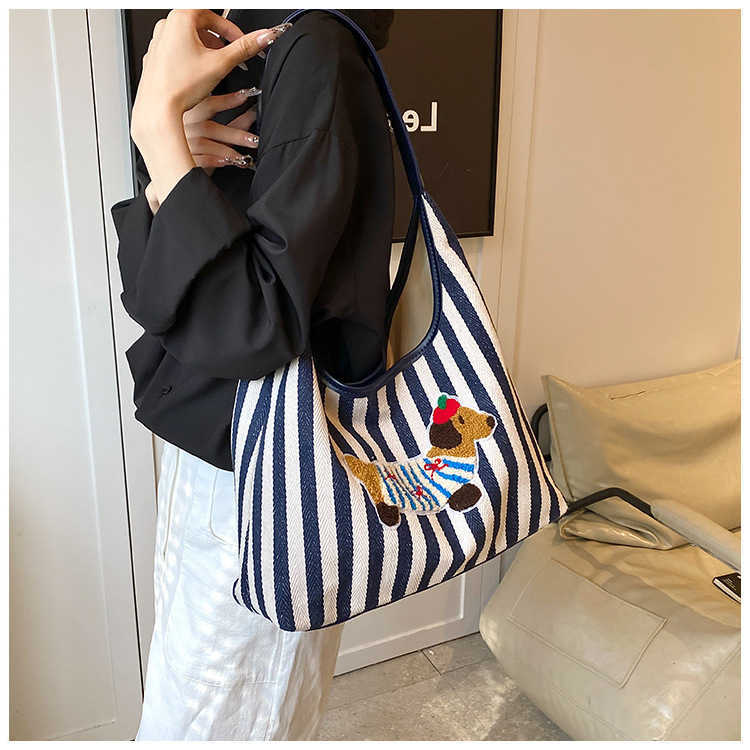 Bag Fashion Striped Canvas Bucket For Women Casual Lightweight Shoulder Underarm Bag Cute Cartoon Design H260916
