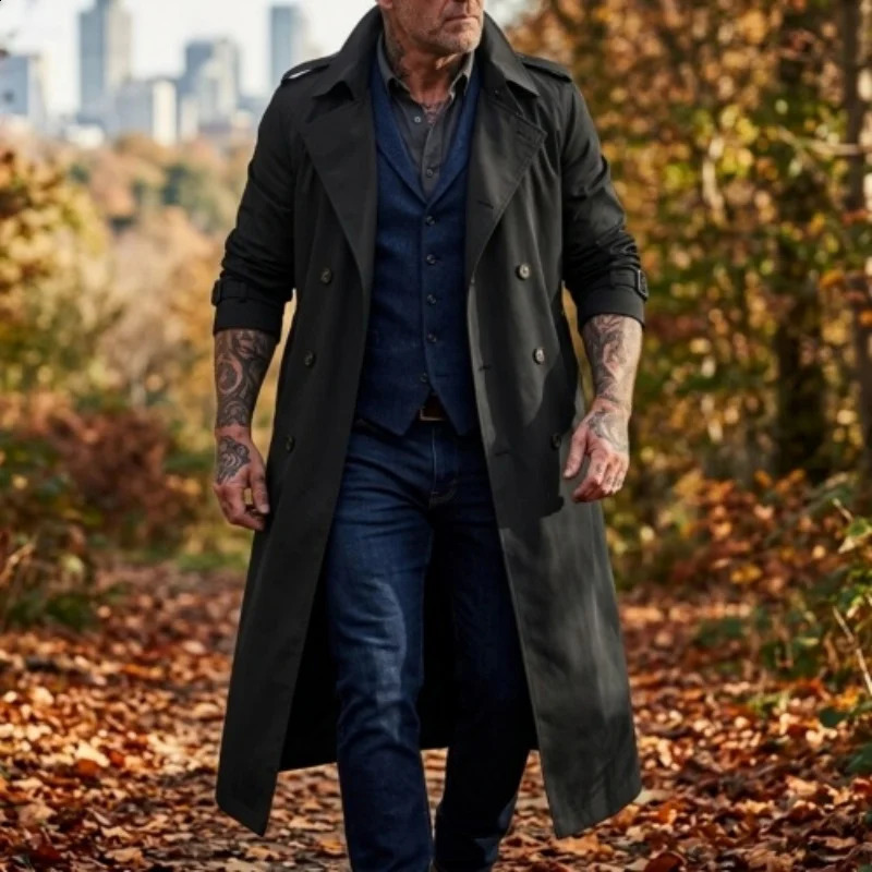 Mens Trench Coat Spring Autumn Outdoor Hiking Double-breasted Windproof; Casual Extra-long Windproof Windbreaker Jacket Man 260916