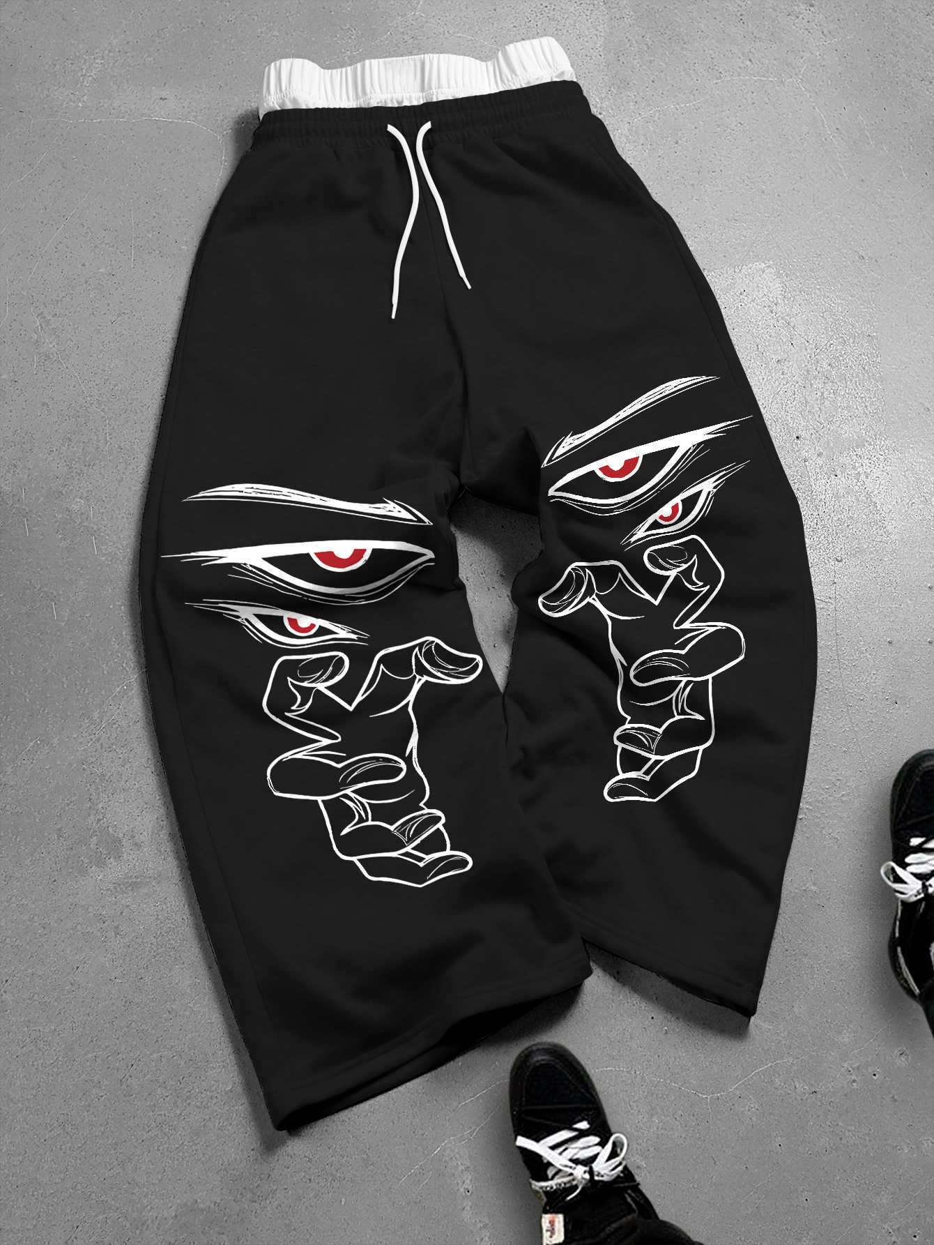 Men's Gothic Anime Baggy Wide Leg Capri Sweatpants Polyester S-3XL Red Eye Claw Print Drawstring Hip Hop Streetwear Casual Pants D260916