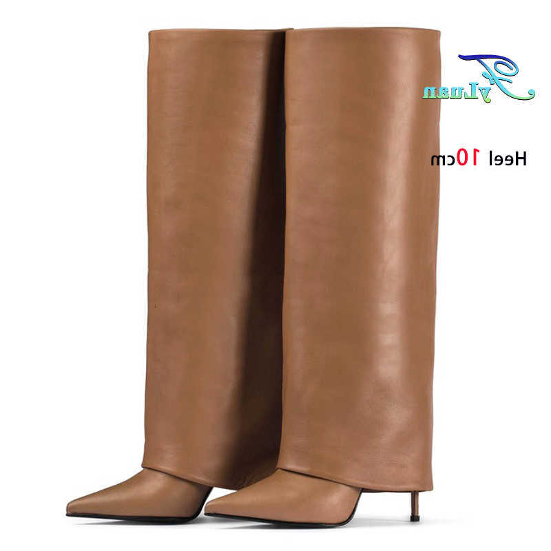 Women Winter Boots Turned-Over-Edge High-heeled Pointed Mid-calf Boots 10CM Stiletto Europe and America Versatile Big Size Shoes D260916