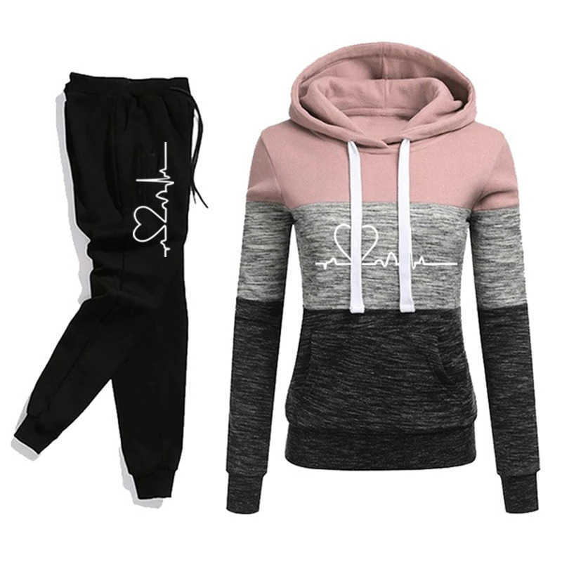 Tracksuit Women Printing Hooded Sweatshirt Sweatpant Color Block Versatile Casual Jogging Pullovers Sport Trousers Outfits S-3XL S260916QDM4