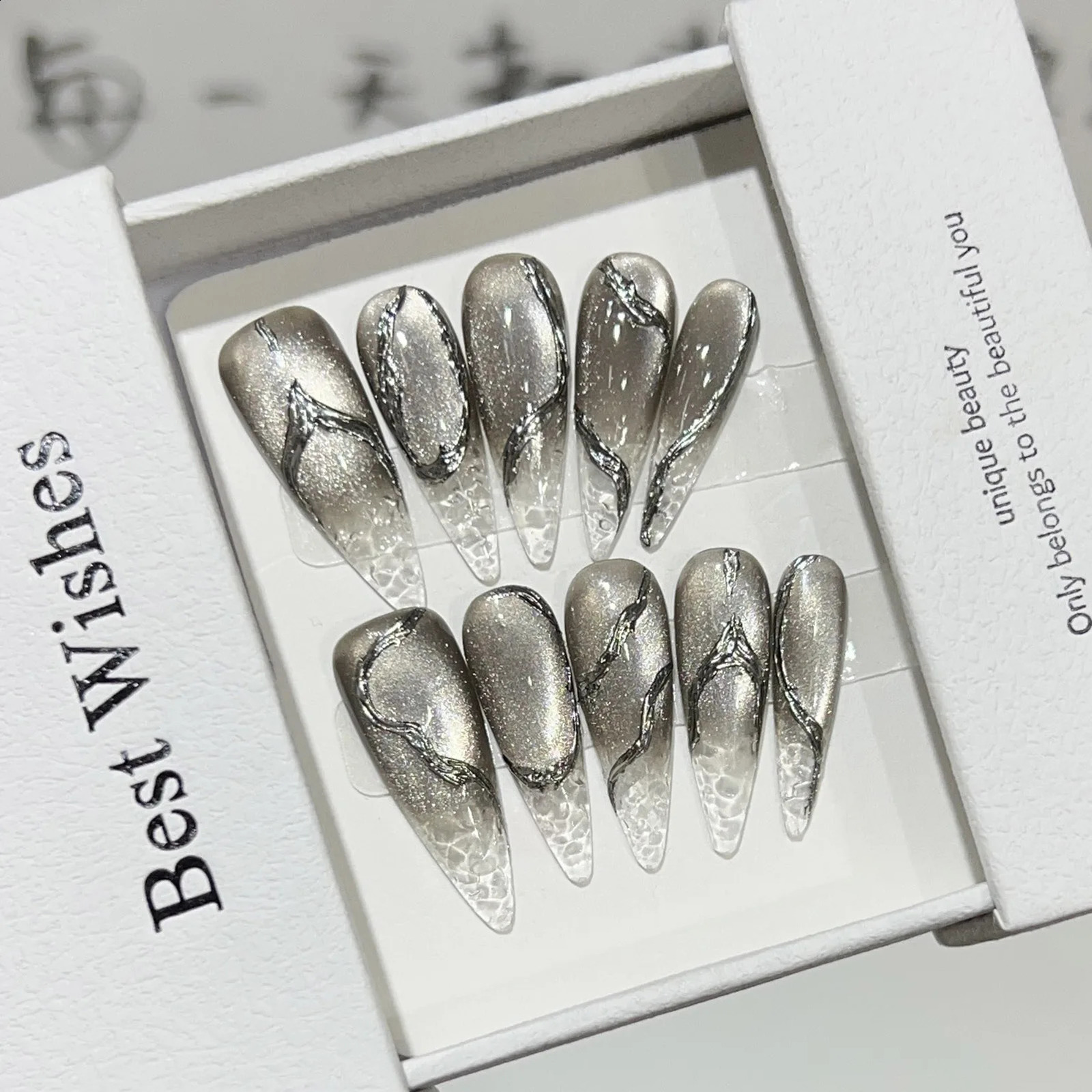 10pcs Halloween False Nails Resusable Long Tip Black Cracked Cat Eye Punk Style Silver Long Press on Nails for Women Decor 260916