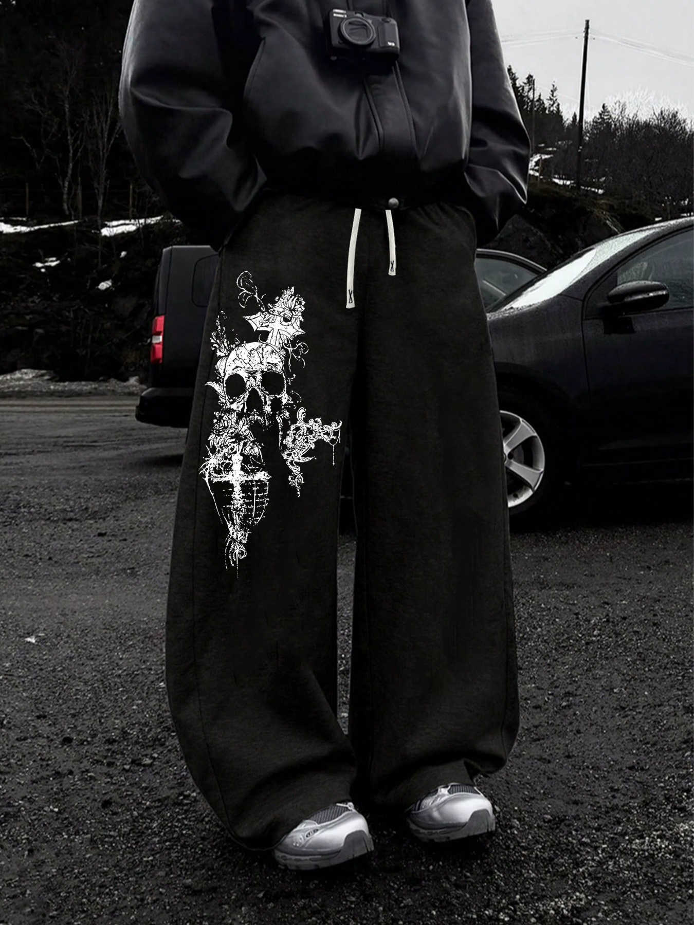 Gothic Skull Cross Print Men Straight Pants High Street Unisex Hip Hop Streetwear Casual Sports Trousers Baggy S-3XL D260916