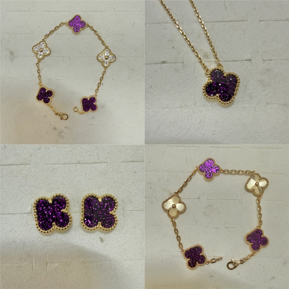 Designer Four Leaf Clover Jewelry Set Purple Crystal Gold Plated Bracelet Necklace Earring Elegant Women Party Wear Fashion Accessories