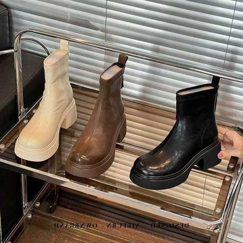 fashion Short autumn boots 2025 versatile Korean beige thick soled slim boots for women D260916